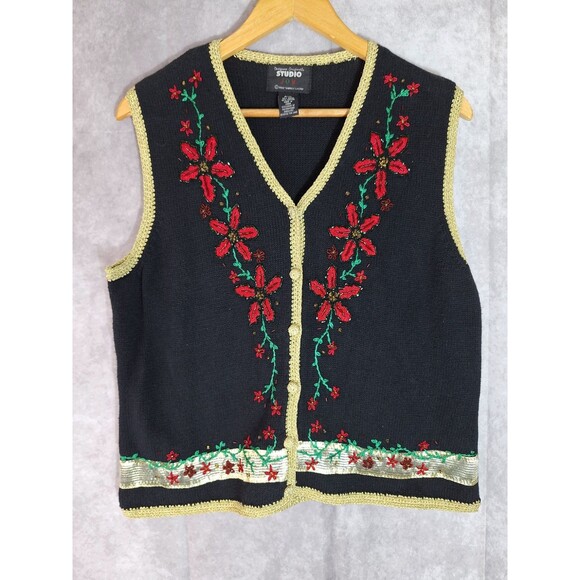 DESIGNERS ORGINALS Ugly Christmas Sweater Vest Womens Petite XL Beaded Embroidey - Picture 1 of 8